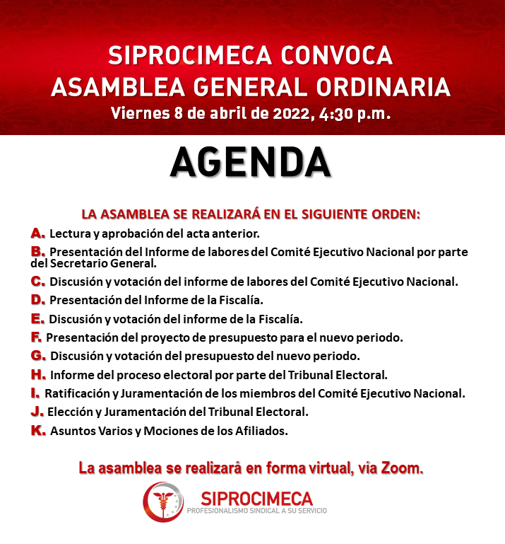 SIPROCIMECA CONVOCA ASAMBLEA GENERAL ORDINARIA