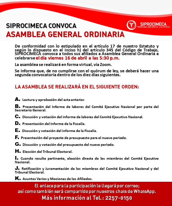 SIPROCIMECA CONVOCA ASAMBLEA GENERAL ORDINARIA Viernes 16 de abril, 5:30 p.m. (vía Zoom)